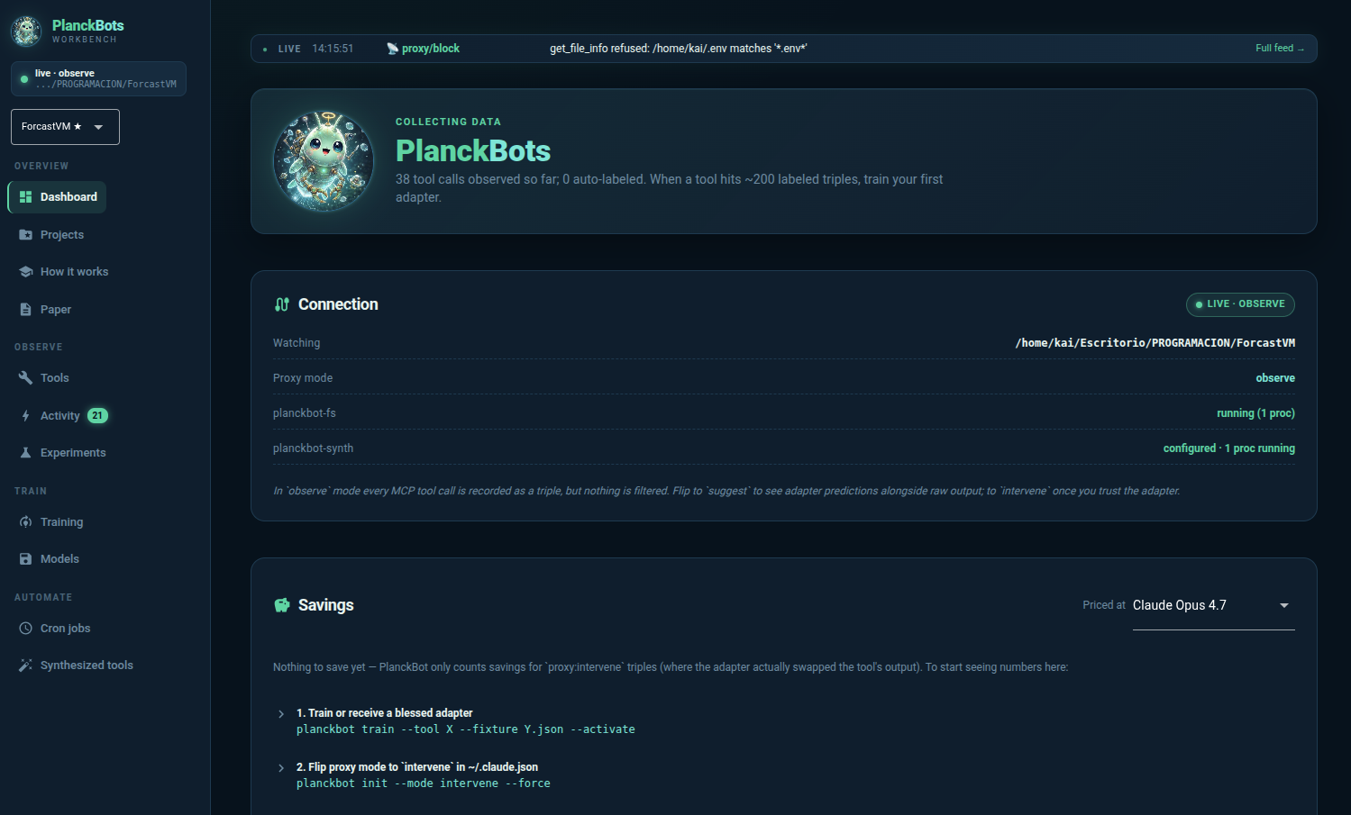 PlanckBot workbench dashboard with live activity feed